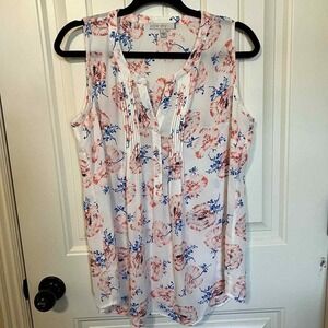 Pale Sky Womens S Floral Print Sleeveless Blouse Top White Pink Blue Button Down